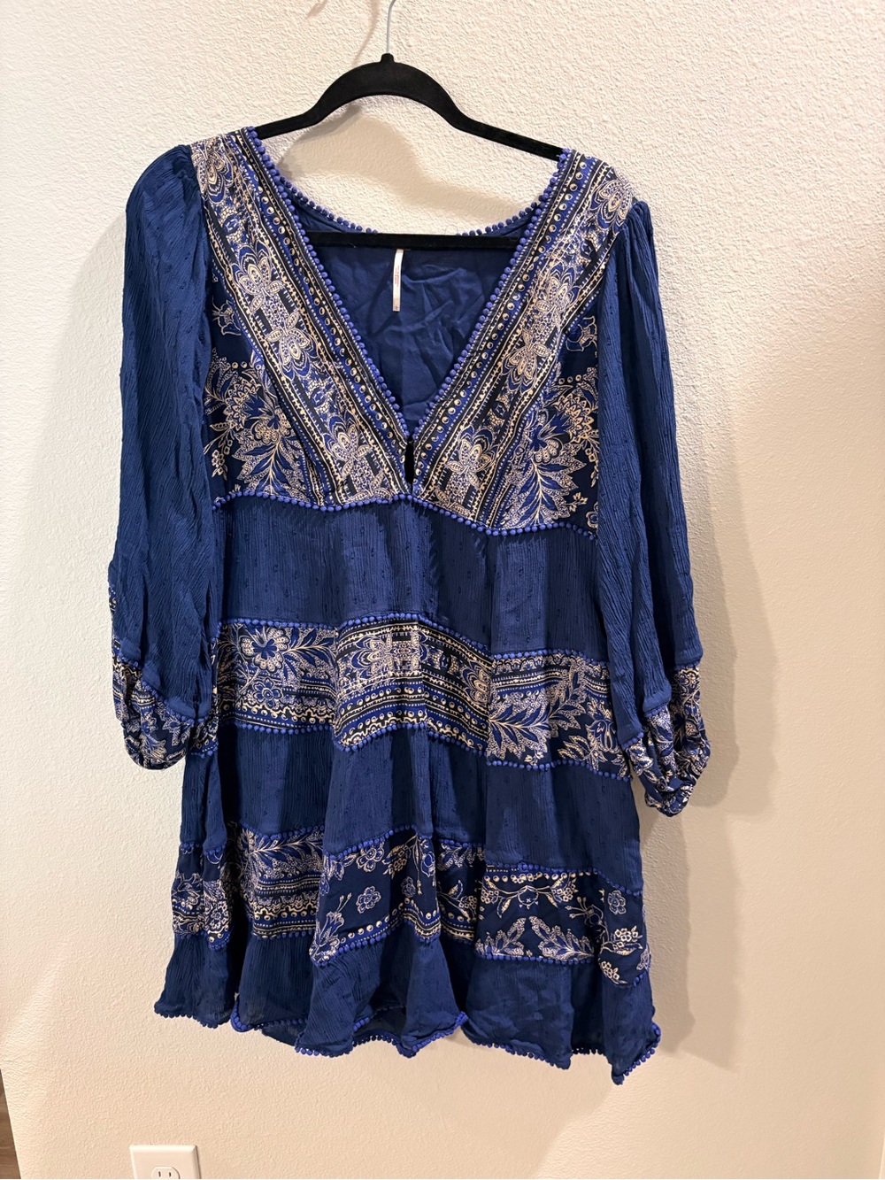 Free People Cobalt Blue Embroidered V-Neck Midi Dress